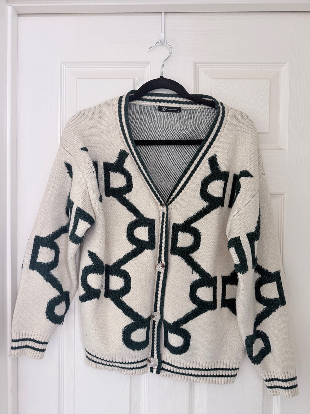 Cream and Dark Green Patterned V-Neck Cardigan Sweater - Picture 2 of 3